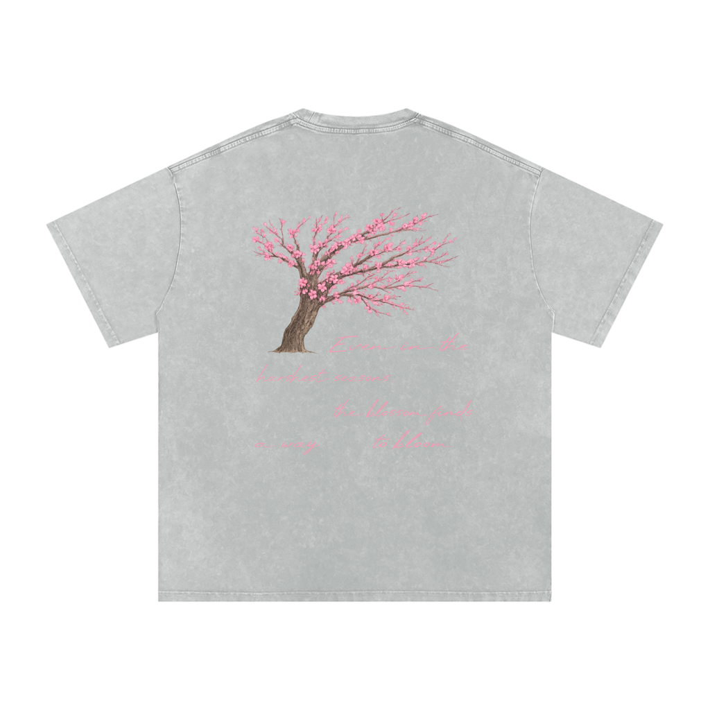 Quoted Hand Drawn Blossom Snow Washed Oversized Cotton T-Shirt