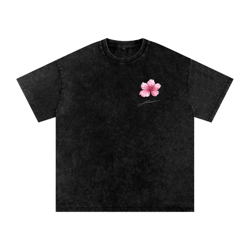 Hand Drawn Blossom Snow Washed Oversized Cotton T-Shirt